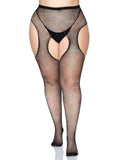 Fishnet Pantyhose Black with Crystals Crotchless Suspender Style