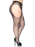 Fishnet Pantyhose Black with Crystals Crotchless Suspender Style