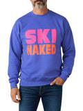 Person wearing a blue sweatshirt with 'SKI NAKED' text in pink and orange on a white background