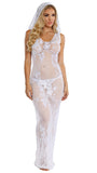 Women's White Lace Nightgown Long Hooded Lingerie Sheer Dress with Thong Panty