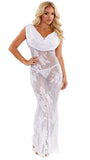 Women's White Lace Nightgown Long Hooded Lingerie Sheer Dress with Thong Panty