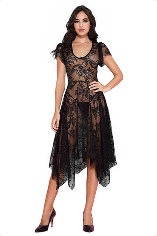 Women's Black Lace Gypsy Style Dress Full Skirt Short Sleeved