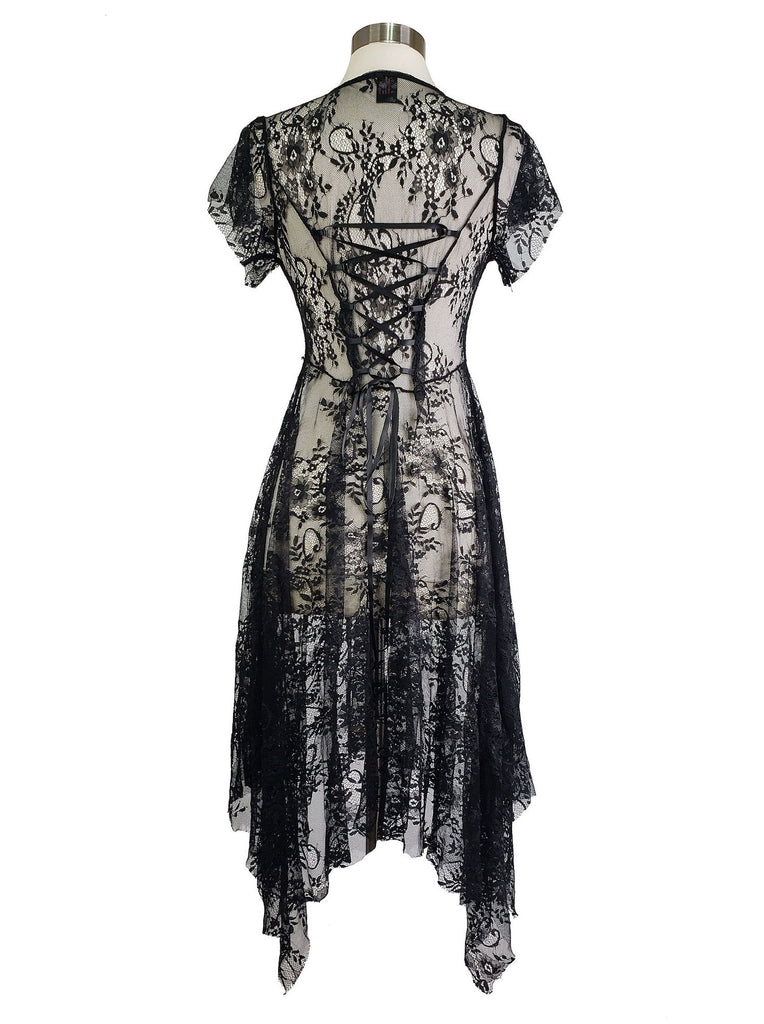 Women's Black Lace Gypsy Style Dress Full Skirt Short Sleeved Nyteez Women's Black Lace Gypsy Style Dress Full Skirt Short Sleeved Nyteez