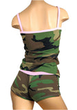 Women's Camo Pajama Lounge Set  Pink Trim Two Piece Boy Short and Cami Top