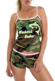 Women's Camo Pajama Lounge Set  Pink Trim Two Piece Boy Short and Cami Top