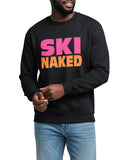 Person wearing a black sweatshirt with 'SKI NAKED' text in pink and orange on a white background
