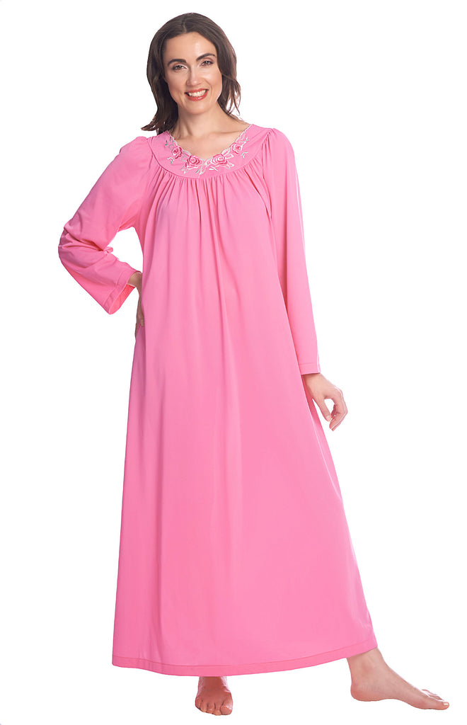 Long Sleeve Nightdress Brushed Nylon Nightdress Lace Trim Womens