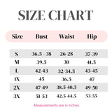 A size chart table showing measurements in inches for sizes S through 3X, with columns for Size, Bust, Waist, and Hip on a white background.