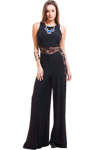 Women's Black Wide Leg Jumpsuit with Lace Panels