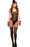 Black Floral Lace Crotchless Bodystocking Catsuit Music Legs
