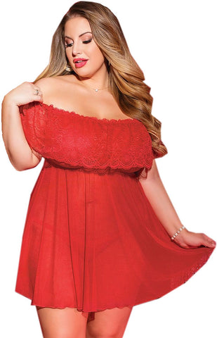 Coquette Women's Red Off Shoulder Flamingo Babydoll Nightgown Coquette