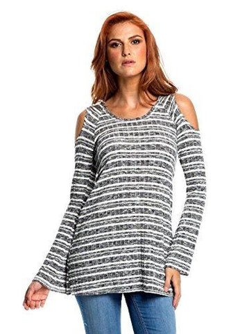 Elan Women's Wide Rib Knit Cold Shoulder Pull Over Hoodie Elan