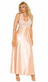 Elegant Peach Lace and Satin Long Halter Neck Nightgown 