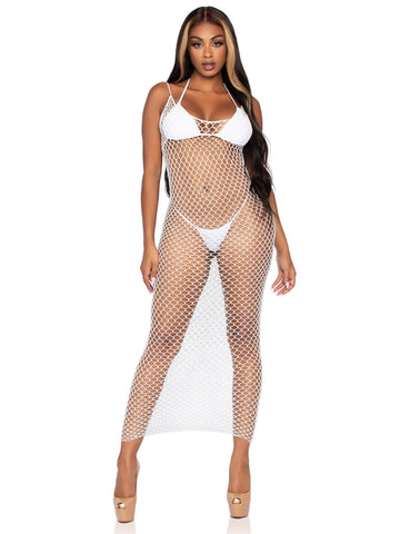 Fishnet Long Summer Beach Dress with Matching String Bikini Set Cover-up