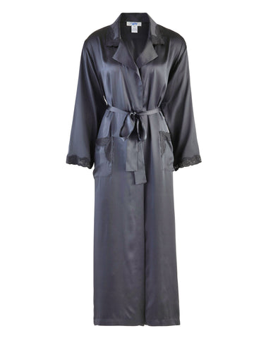 Women's Natural Mulberry Silk Satin Bathrobe with Lace Trim