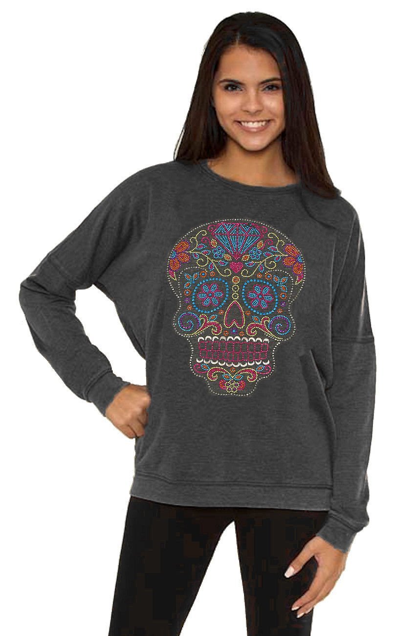 Sugar Skull Sweatshirt Women s Vintage Wash Colorful Rhinestones