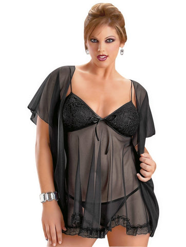 Plus Size Black Lingerie Babydoll and Robe Set Escante