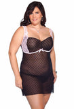 Vintage Style Black Polka Dot Mesh Chemise with Pink Trim 