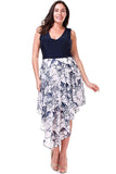 Plus Size Summer Dress Navy Blue Sleeveless with Uneven Chiffon Skirt