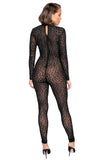 Black Bodystocking Velvet Leopard Print Long Sleeved Catsuit