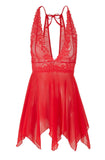 Women's Lace and Mesh Jagged Hemline Short Babydoll Nightgown Escante