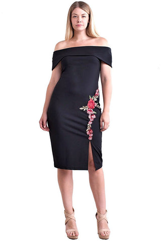 Women's Plus Size Black Off Shoulder Dress with Red Roses Nyteez