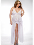 Women's Plus Size White Mesh and Scalloped Silver Lace Long Nightgown Coquette