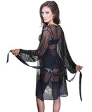 Women's SheerBlack  Mesh Kimono Robe with Satin Tie Sash 