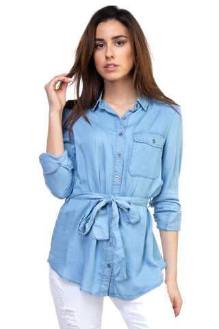 Women's Tencel Light Wash Denim Long Sleeved Tunic Top Iris