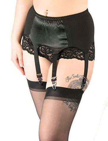 Women's Vintage Pinup Style Black Satin Garter Belt Suspenders with Stockings Nyteez