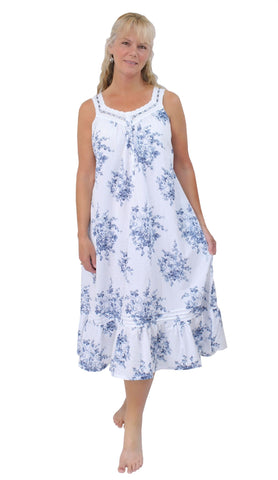 Women's White Cotton with Blue Floral French Toile Nightgown La Cera