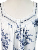 Women's White Cotton with Blue Floral French Toile Nightgown La Cera