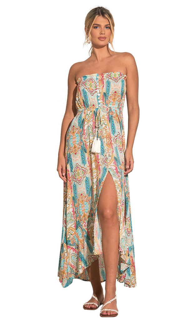 ELAN Strapless Maxi Dress Beach Cover-up Blue Ibiza Print – Nyteez